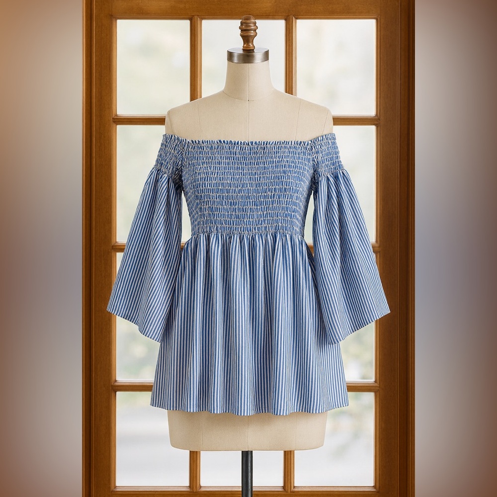 Elegant Blue Striped Off-Shoulder Blouse